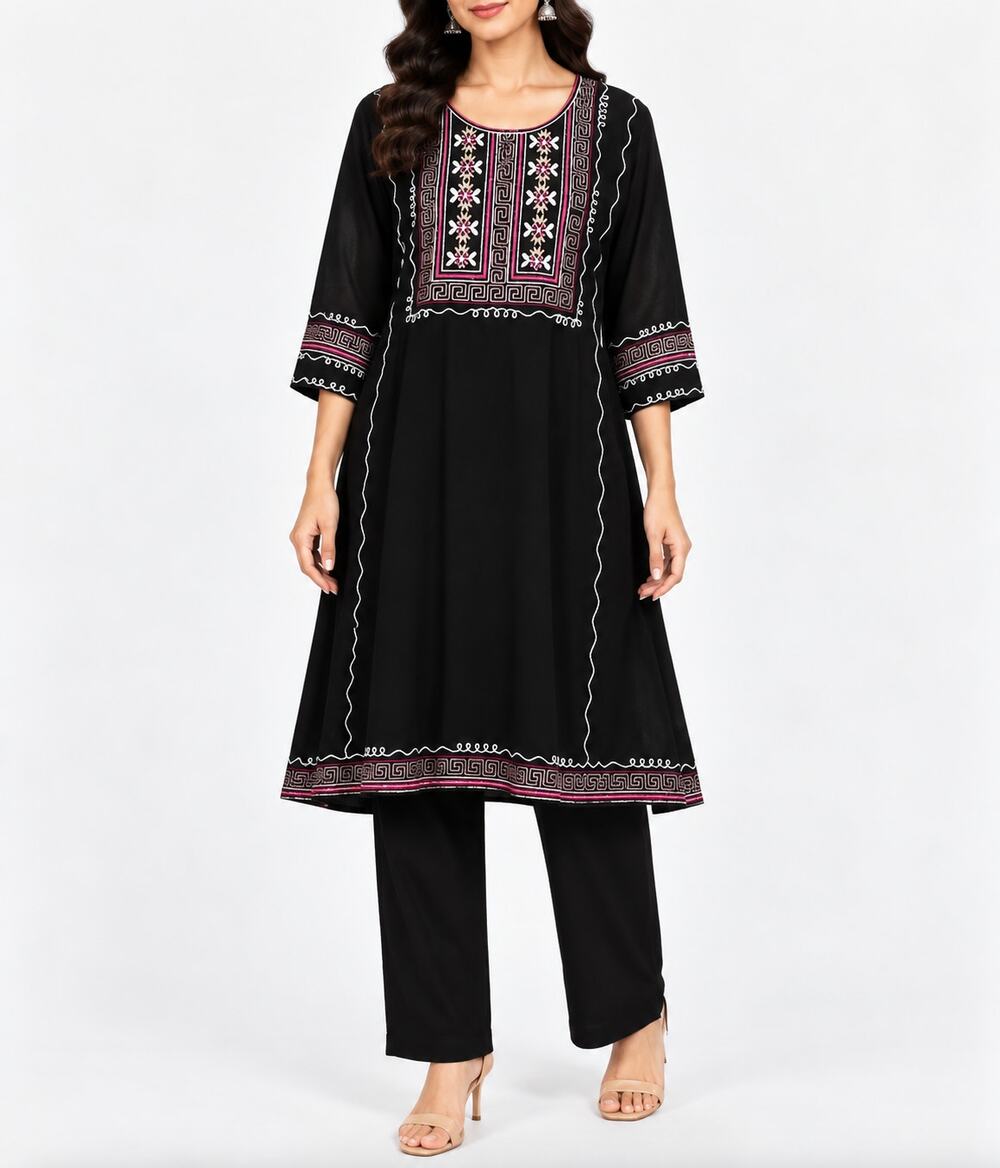 Indian Pakistani Black Cotton Embroidered Salwar Kameez 2 Piece Suit Small Party